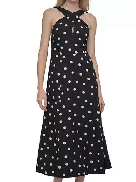 Dkny Black & White Polka Dot Crisscross Halter Midi Dress Nwt